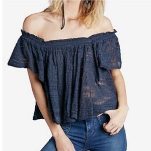 Free People Thrills and Frills Navy Off-Shoulder Sweater Top